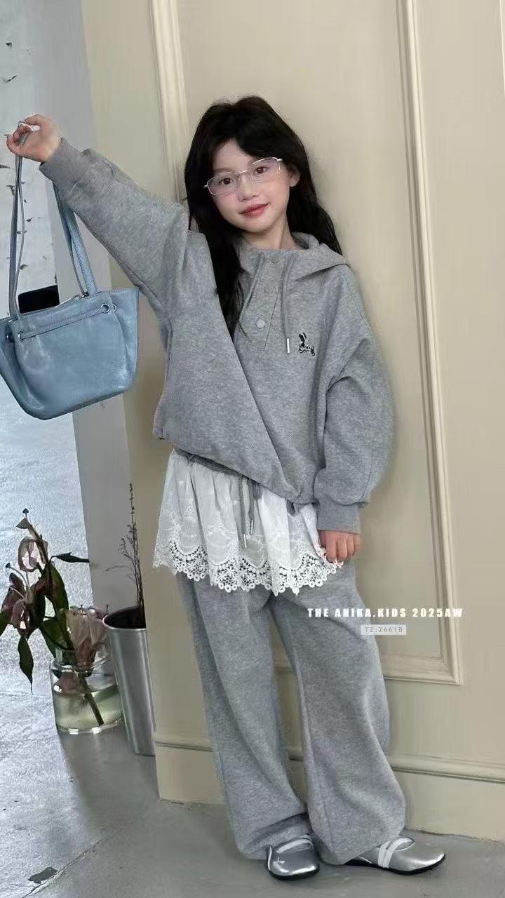 阿尼卡ANIKA韩国童装2025秋新女童洋气时尚卫衣长裤休闲灰色套装