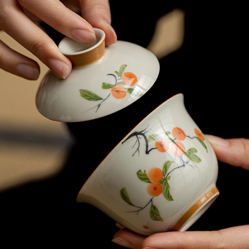 手绘柿柿如意盖碗大容量泡茶碗品茗杯功夫茶具复古不烫手家用茶器
