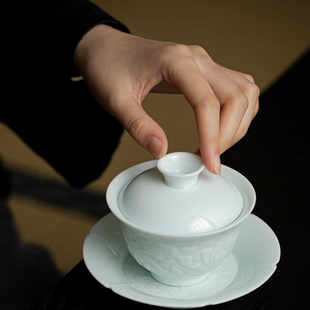 仿宋湖田窑影青瓷浮雕芙蓉花盖碗功夫茶具不烫手二才家用泡茶杯碗