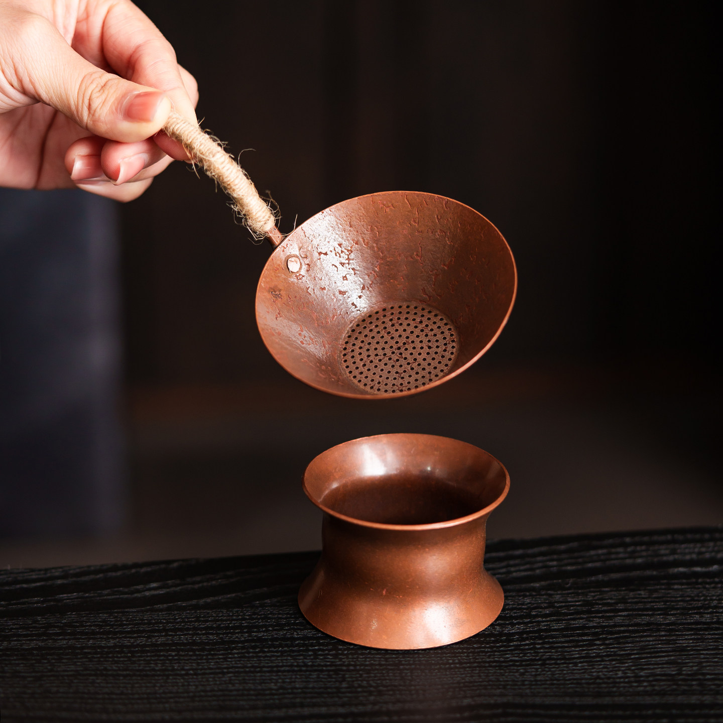 紫铜锤纹茶漏复古麻绳手柄茶滤茶叶过滤器茶漏器家用茶器茶道配件