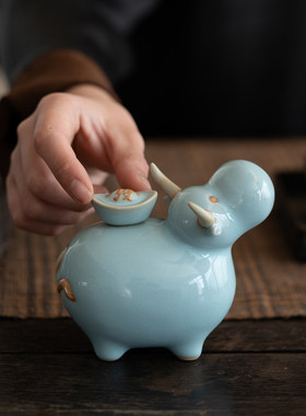 牛气冲天精品可爱汝窑茶宠摆件