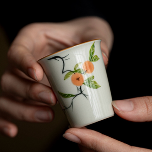 手绘柿柿如意主人杯品茗杯高足杯宽口功夫茶具单杯大容量家用茶杯