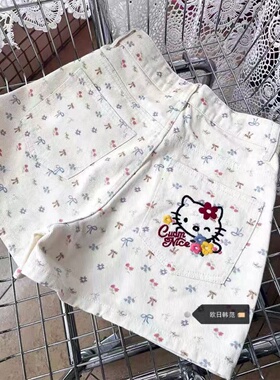 胖mm美式vibe复古蝴蝶结樱桃印花牛仔短裤女2026kt猫刺绣阔腿热裤