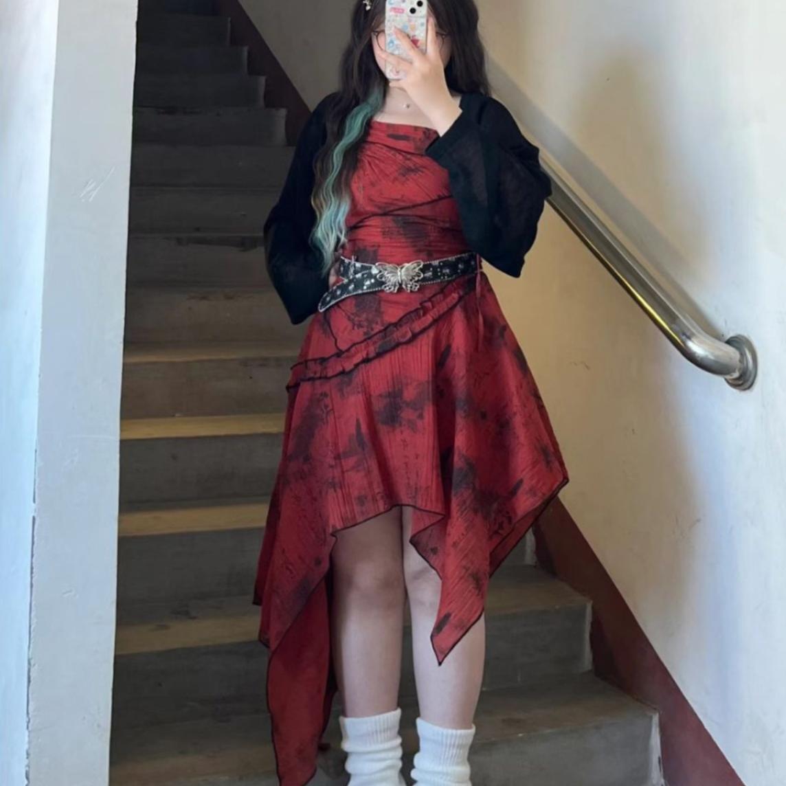 200斤胖mm不规则吊带连衣裙开衫套装辣妹显瘦遮肉两件套装早春夏