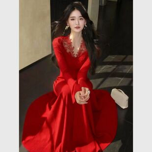 300斤大码微胖mm红色蕾丝拼接连衣裙富家千金miu系约会穿搭A字裙