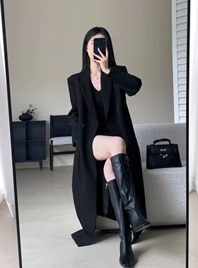 FT GUOGE果哥家黑色风衣女2024秋季新款气质双排扣中长款西装外套