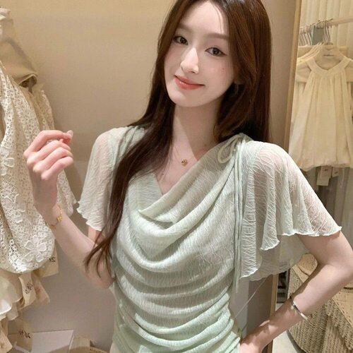 大码女装气质宽松夏装纯欲荡领漂亮短袖胖MM遮肉显瘦时尚小衫上衣