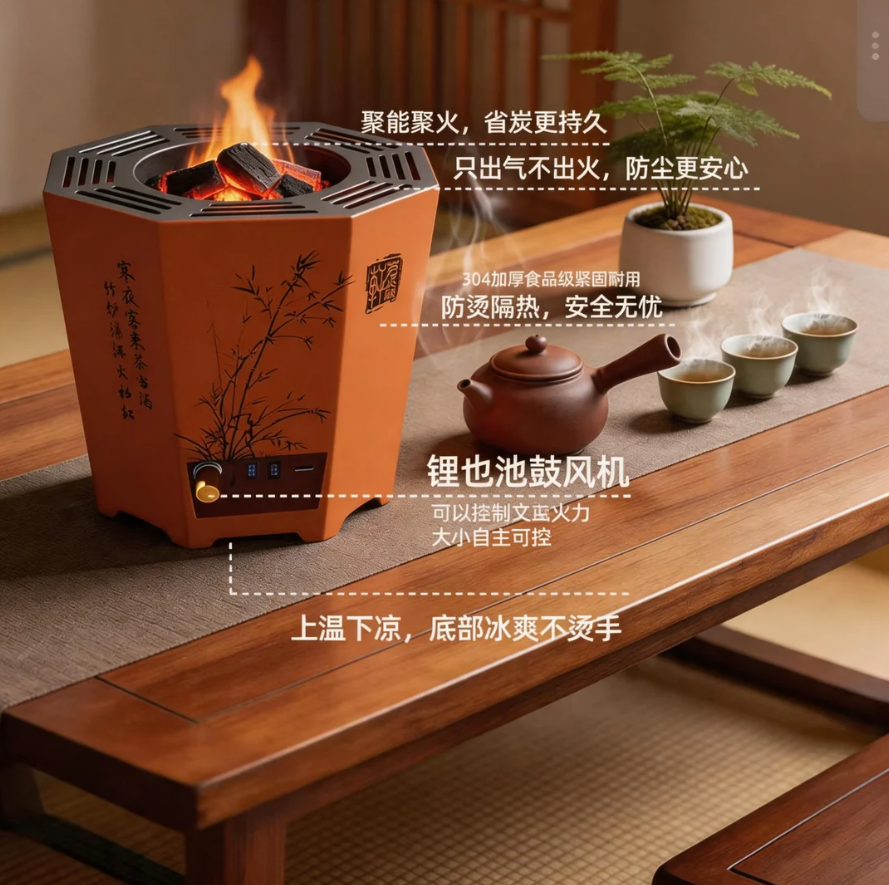 茗焱轩室内新款升级无尘防烫火力大小可调聚能省炭高端炭火炉茶具