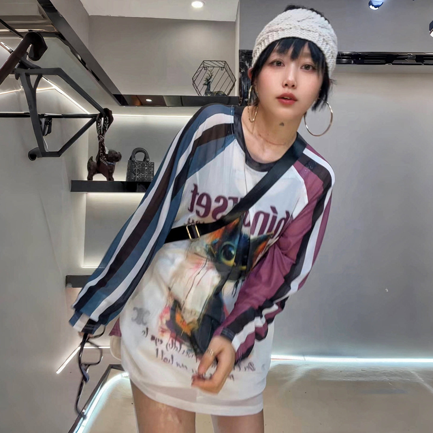 猫咪网纱长袖T恤女撞色涂鸦潮牌创意印花渐变色中长款上衣打底衫t
