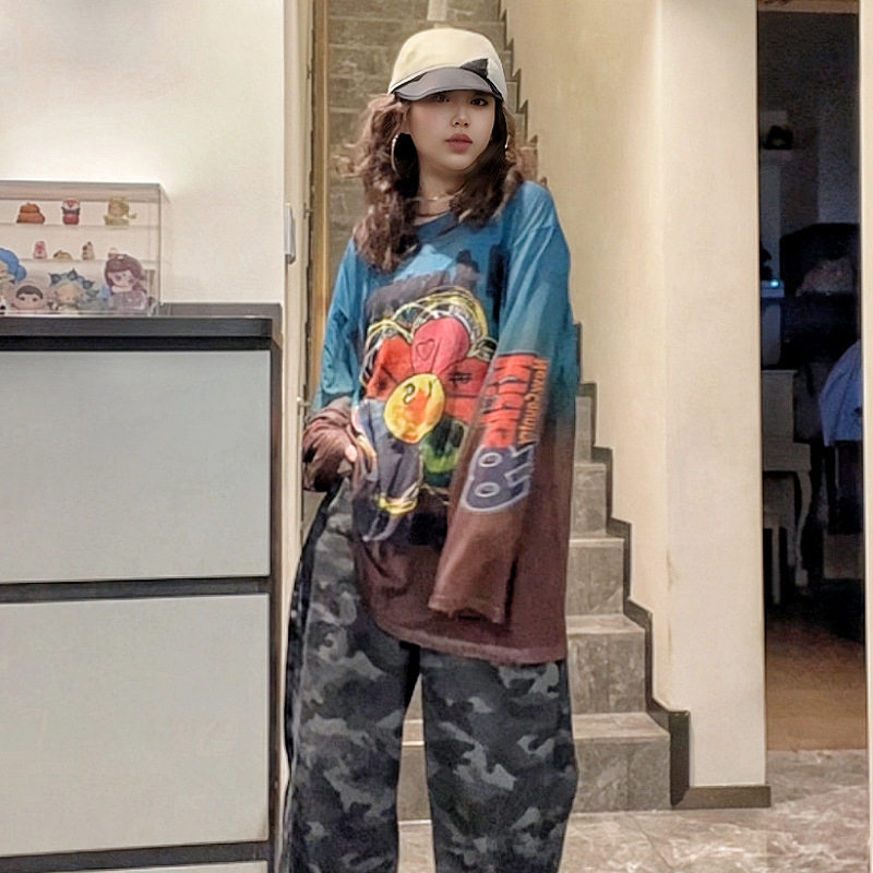 网纱长袖T恤女欧货潮牌创意印花黑白字母渐变色中长款上衣打底衫t