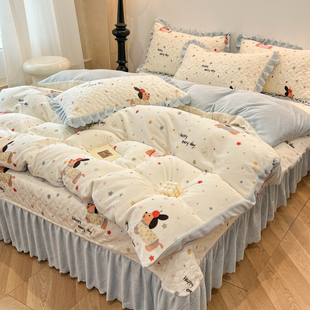 冬季加厚花边牛奶绒床盖四件套珊瑚绒双面绒保暖防静电被垫三件套