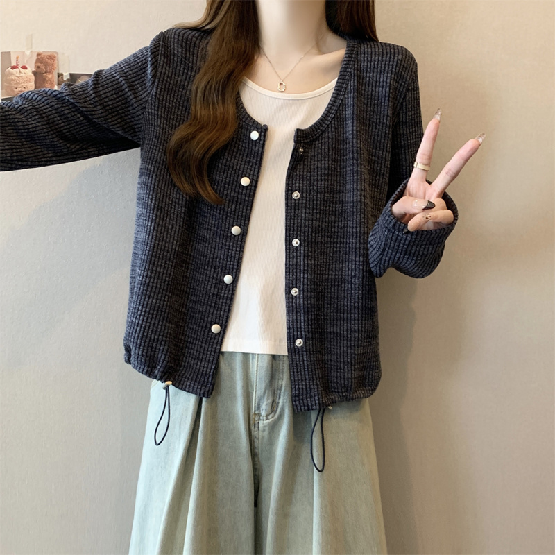 大码假两件针织开衫外套女春秋款胖mm显瘦设计感抽绳短款长袖上衣