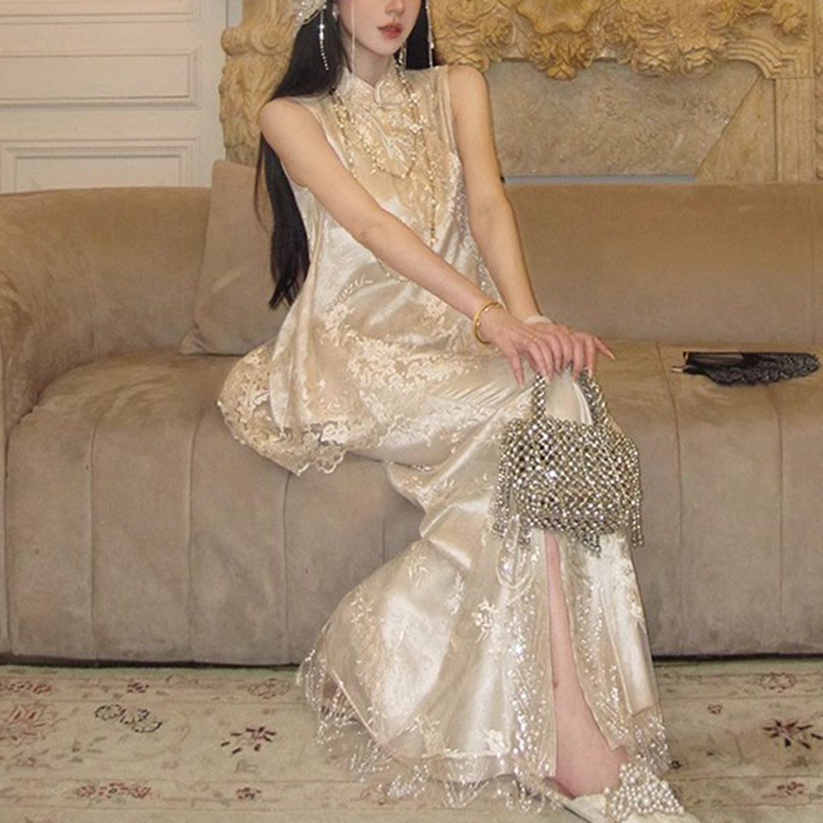 【花涧绣】新中式重工蕾丝珠绣斜襟马甲鱼尾半身长裙国风两件套装