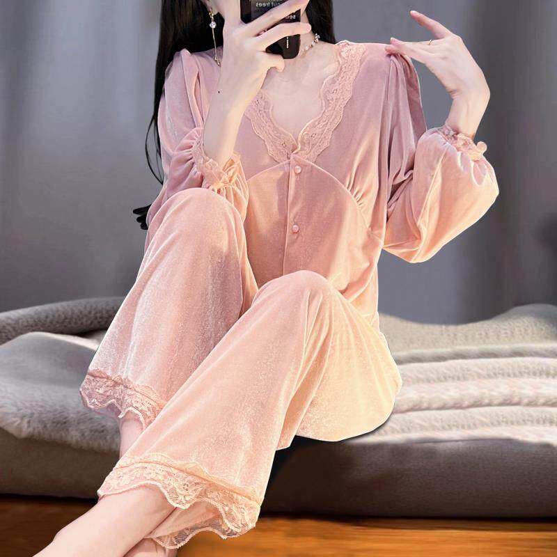 金丝绒2024新款复古宫廷风气质高级感长袖睡衣女秋冬家居服两件套