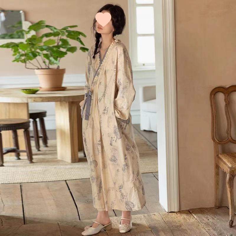 睡袍女夏夏季纯棉长袖浴袍感国风扎染系带宽松可外穿复古睡衣