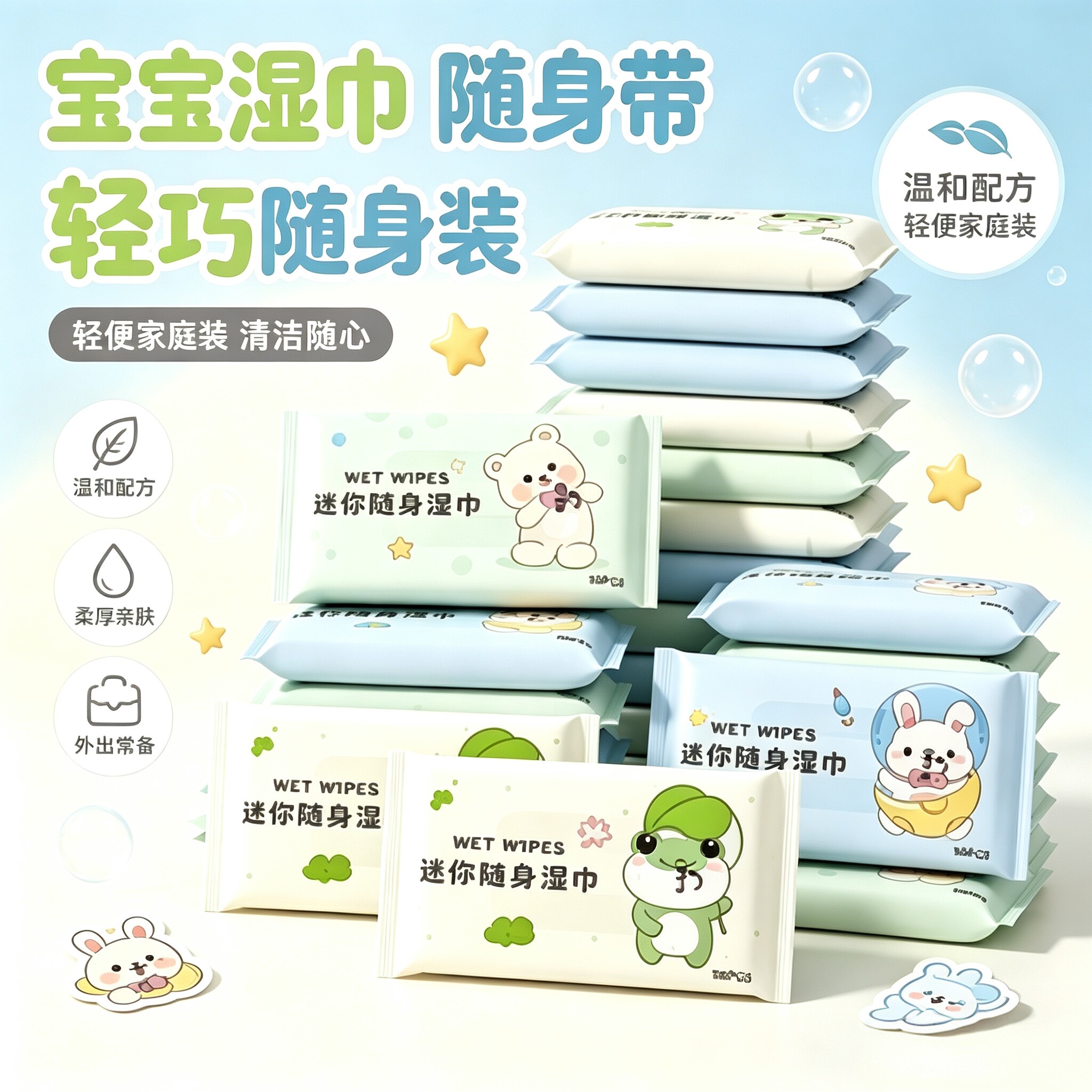 迷你清洁湿巾纸婴儿学生随身装湿巾小包纯水手口清洁便携湿巾小包