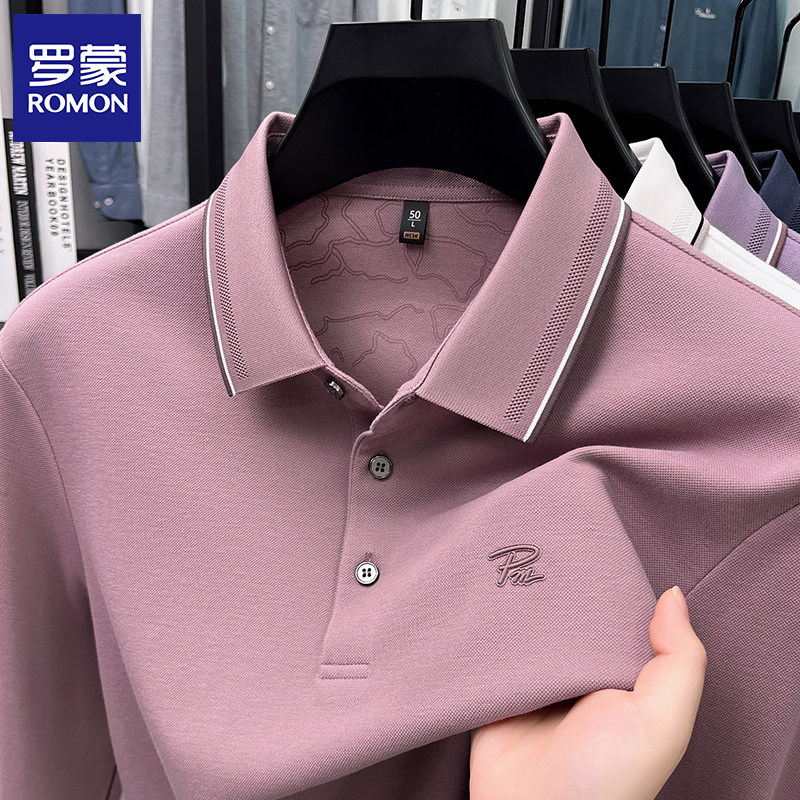 罗蒙丝光棉长袖翻领T恤中年爸爸装休闲春秋POLO衫打底衫大码上衣