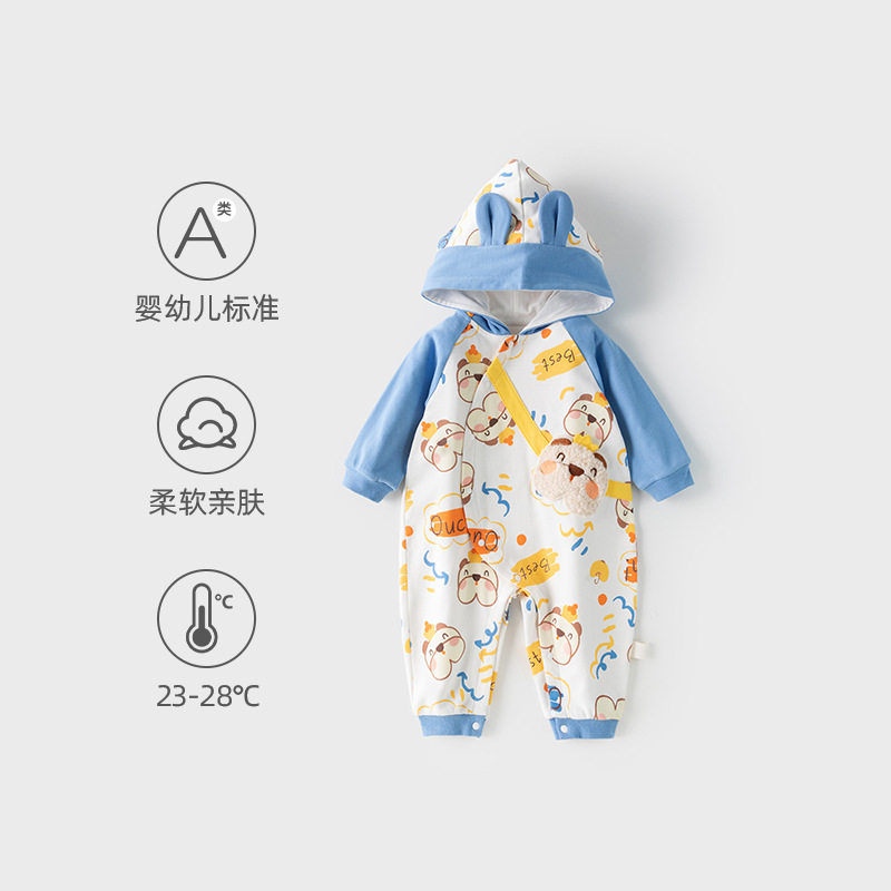 纯棉童装婴儿宝宝爬服国风哈衣类秋装新生儿连帽宝宝a春秋长袖连