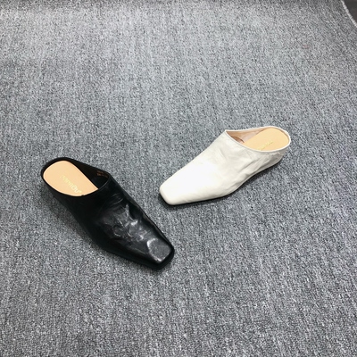 凡柔小众设计内增高方头半拖鞋凉拖中跟外穿拖鞋女包头真皮穆勒鞋