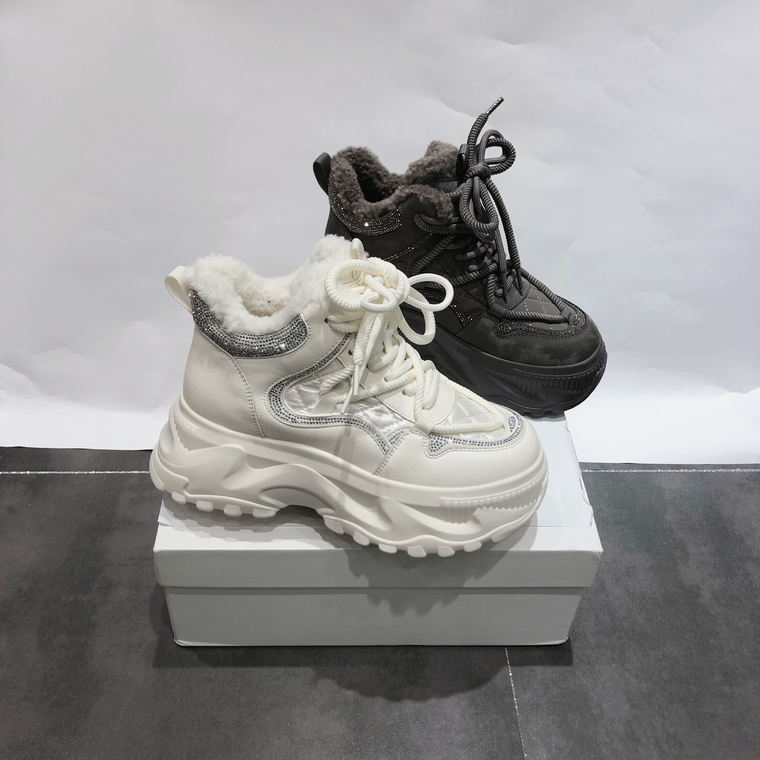 LFR水钻厚底老爹鞋女2025新款冬季加绒棉鞋女增高百搭运动休闲鞋