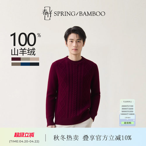 春竹秋冬新款岛精两股山羊绒无缝半高领绞花长袖男士针织衫羊绒衫 - 封面