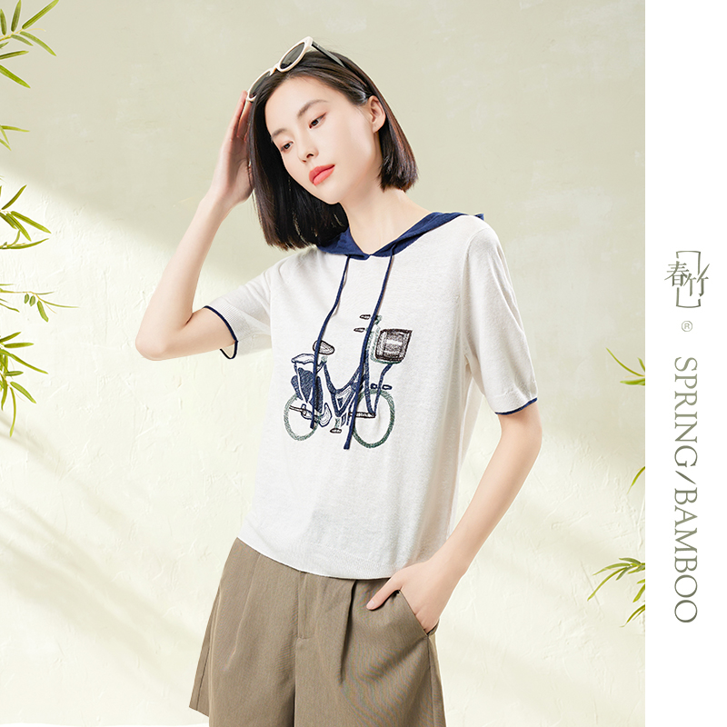春竹2023年春夏新款气质显瘦直筒宽松连帽圆领亚麻短袖女士T恤