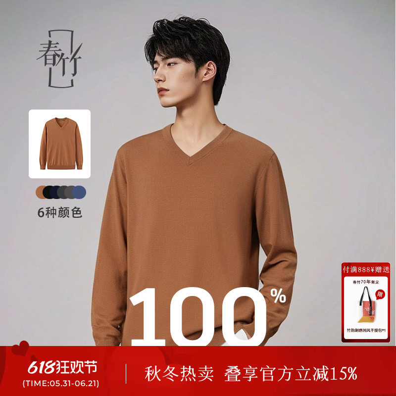 春竹100%绵羊毛V领羊毛衫长袖针织商务休闲套头保暖上衣毛衣男