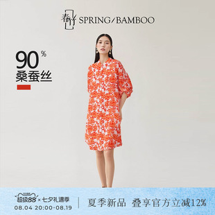 春竹春款新款通勤风桑蚕丝连衣裙V领垂坠感真丝显瘦女士长裙