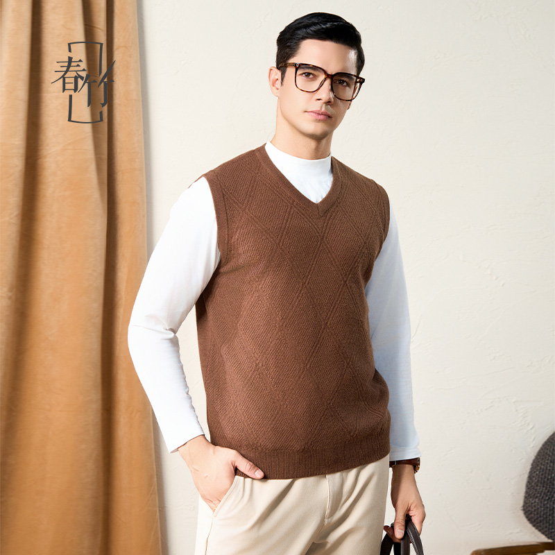 春竹针织毛衣100%绵羊毛V领