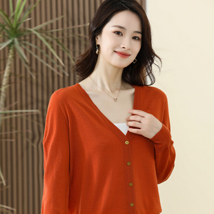 精仿杨子纱线纯羊毛开衫秋季薄款V领通勤简约百搭长袖女针织衫108