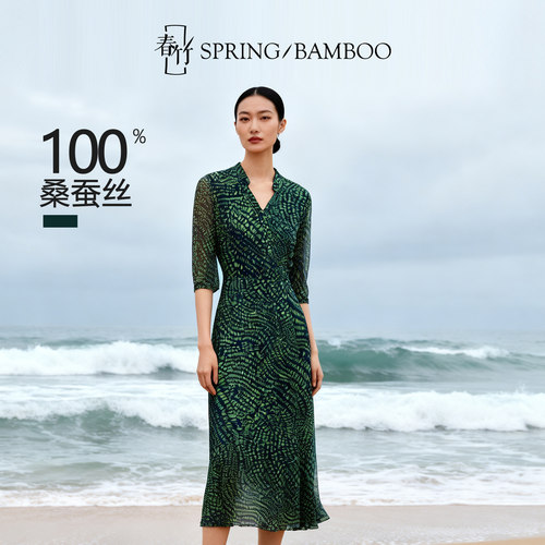 【针织真丝】春竹100%桑蚕丝女连衣裙夏季V领中袖印花真丝A字裙