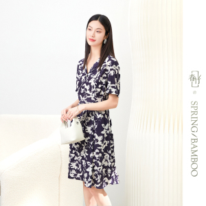 春竹桑蚕丝气质显瘦翻领印花短袖中长裙子真丝连衣裙