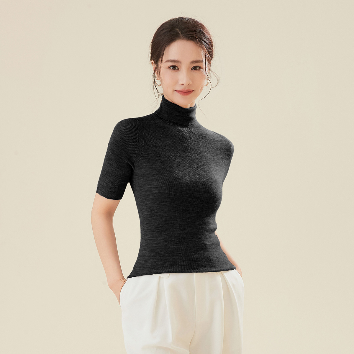 100%绵羊毛25秋季新款修身显瘦遮肉洋气高领女短袖针织衫108