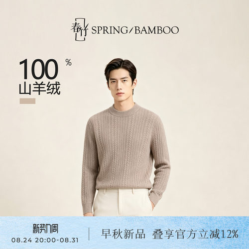 春竹100%山羊绒长袖男士针织衫