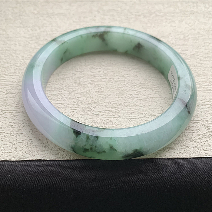 缅甸翡翠手镯A货60.8MM手镯细润飘绿飘乌鸡带紫玉手镯女款珠宝