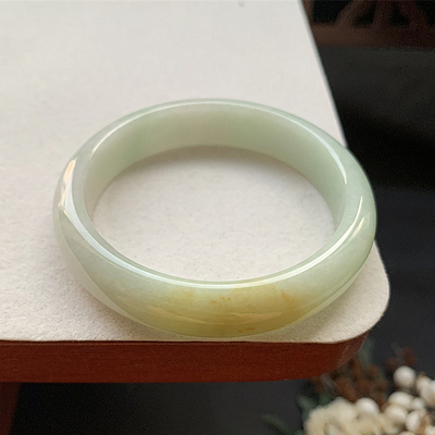 缅甸翡翠手镯A货52.6MM糯化种黄翡绿底翡翠手镯女款珠宝