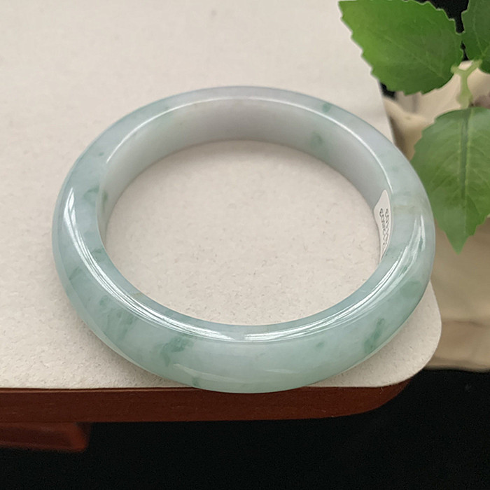 缅甸翡翠手镯A货56.5MM手镯淡晴水飘蓝花冰润玉手镯女款珠宝