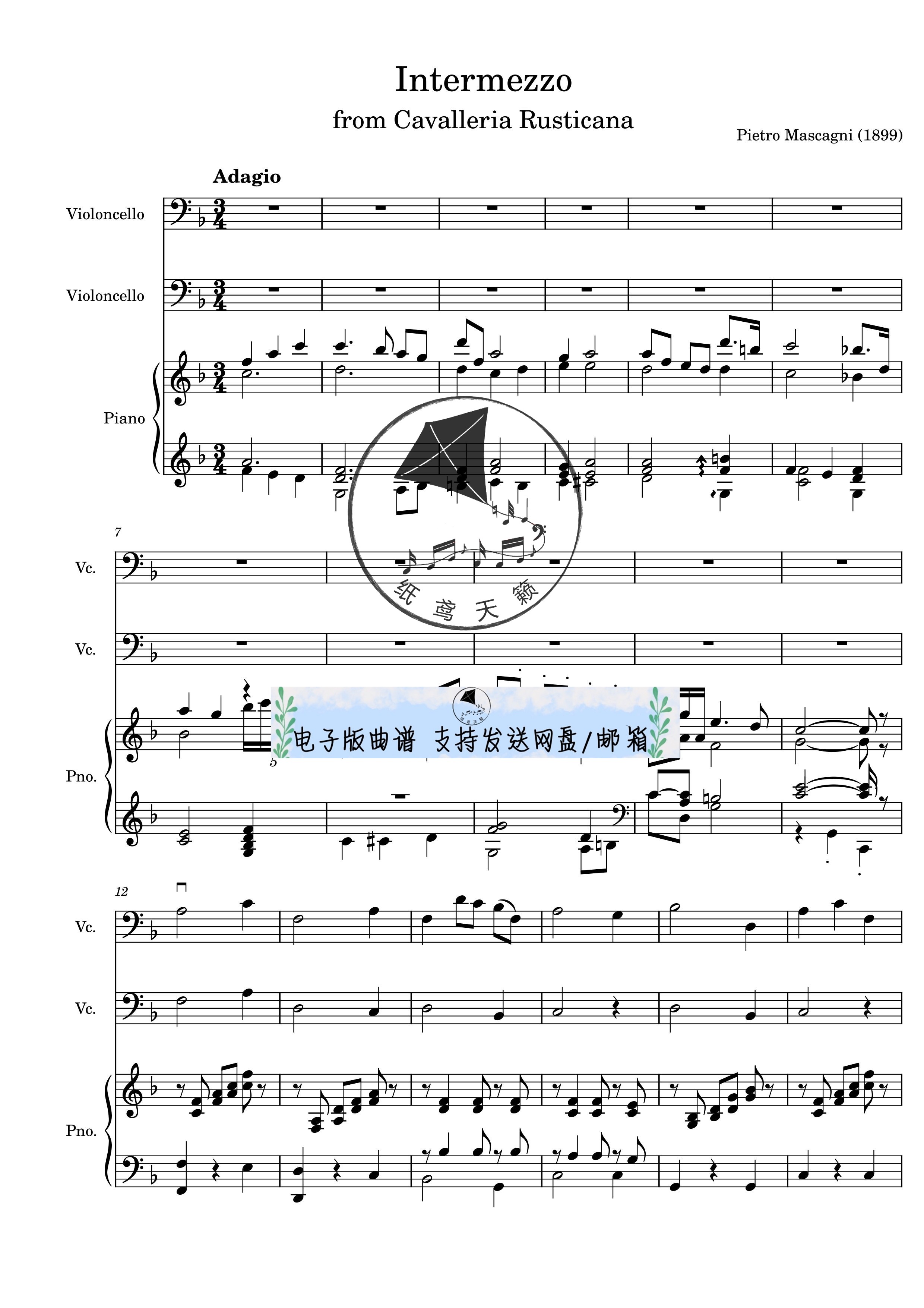 乡间骑士间奏曲 大提琴二重奏+钢琴 总谱 分谱 可试听示范音频MP3
