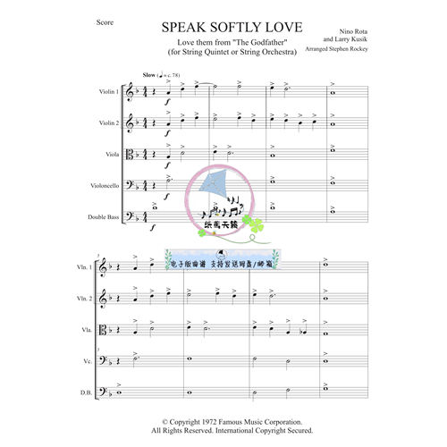 柔声倾诉 Speak Softly Love 原版 弦乐五重奏 总谱分谱 《教父》