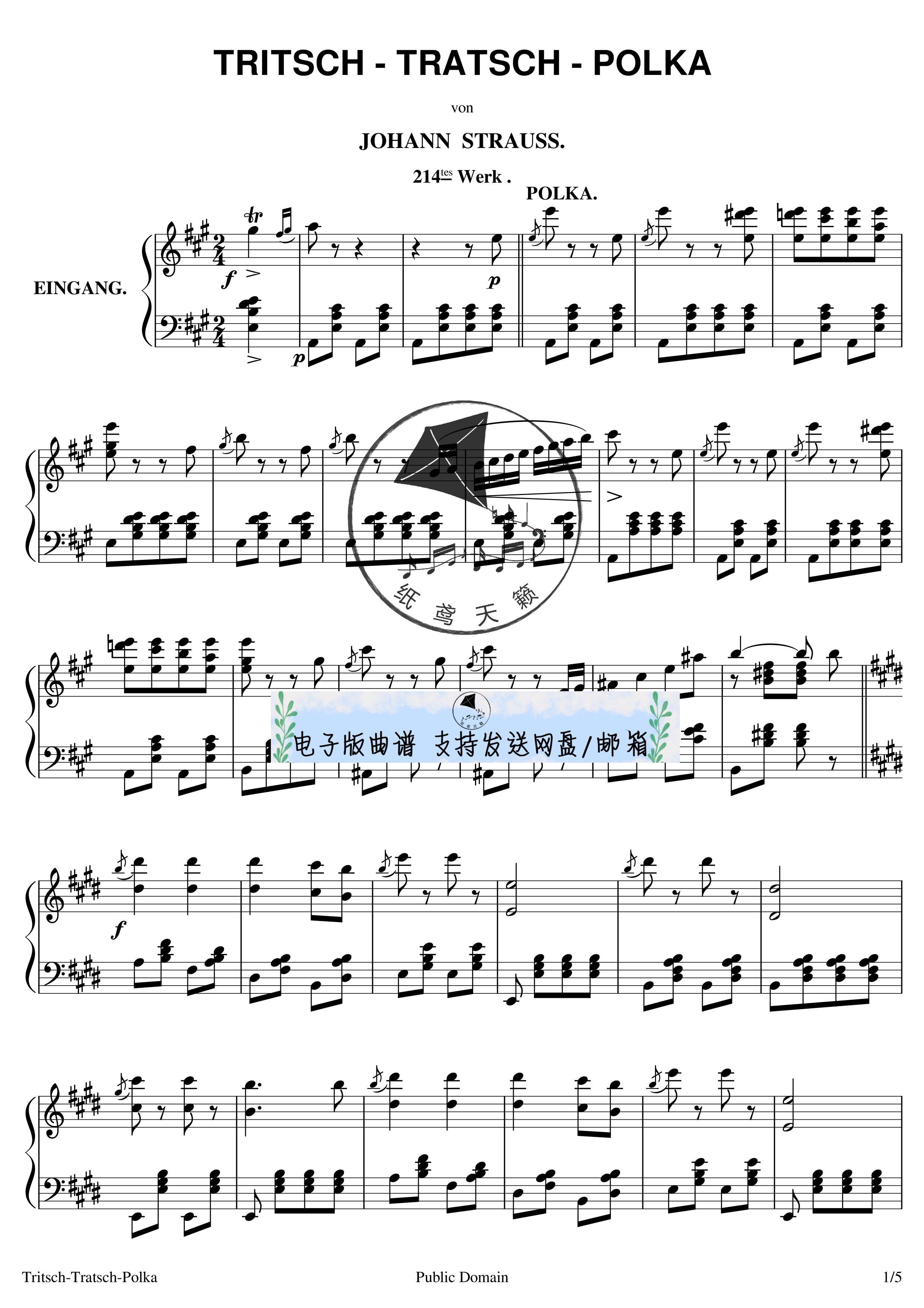 闲聊波尔卡 小约翰施特劳斯 钢琴谱 五线谱 高清 mp3可试听可移调