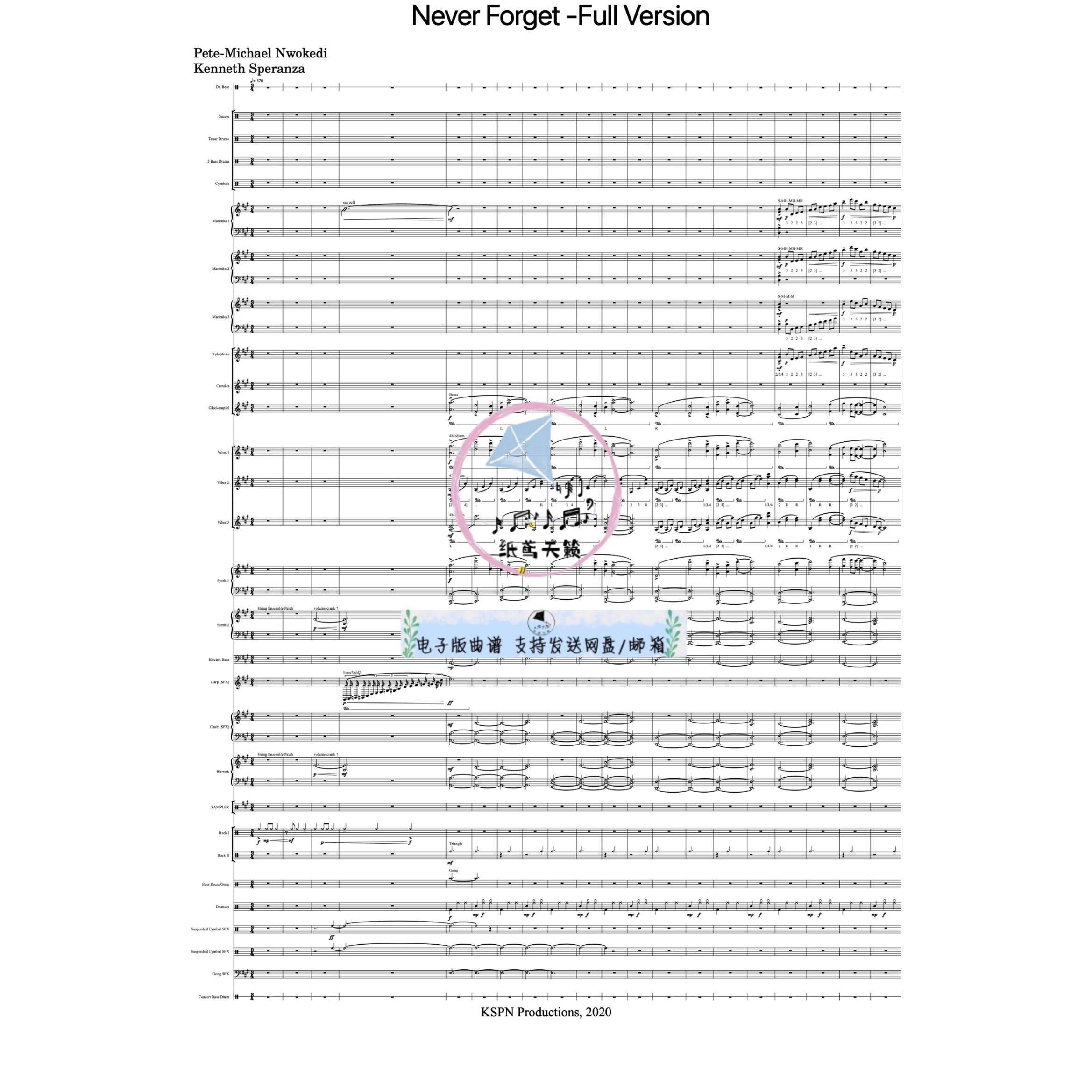 永不忘记 Never Forget  打击乐团 总谱 分谱 可试听示范音频 MP3