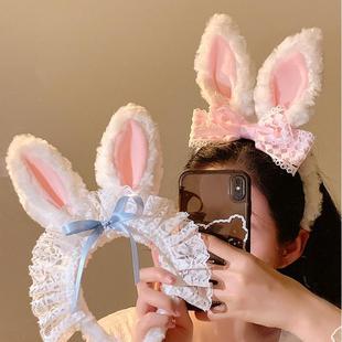 洛丽塔cos蕾丝结可爱粉色毛绒兔子耳朵发箍女头箍发卡表演发饰