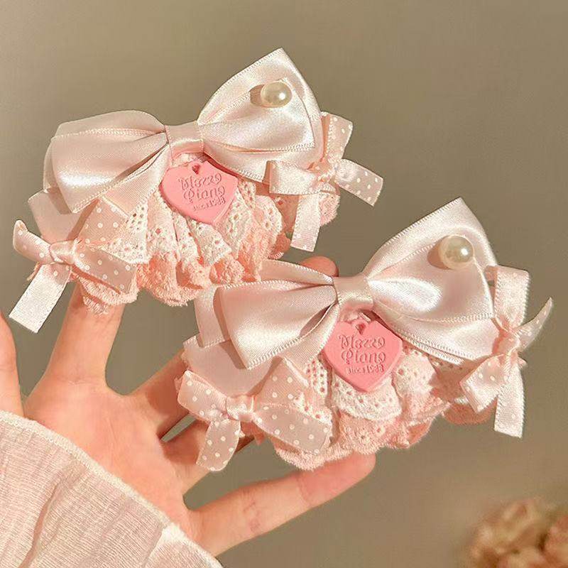 高级感粉色蝴蝶结珍珠蕾丝裙摆发夹甜美边夹侧边刘海夹洛丽塔头饰