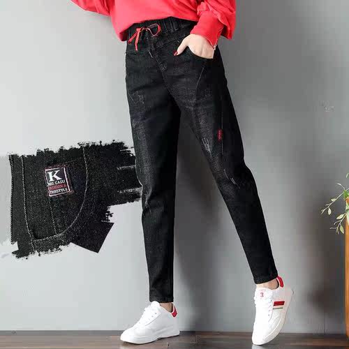 加绒松紧腰弹力哈伦牛仔裤女裤