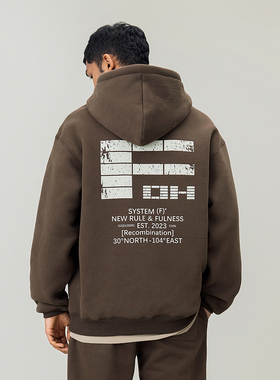 FOH 380g重磅磨损字母印花连帽加绒卫衣男春季新款美式休闲上衣