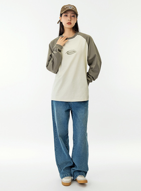 2025 春季新肩袖宽松圆领防晒长袖T恤女休闲宽松情侣上衣