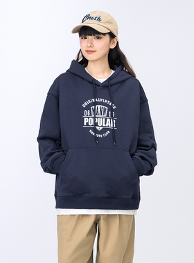 2025春季日系简约纯色连帽卫衣男 情侣款印花休闲宽松上衣女