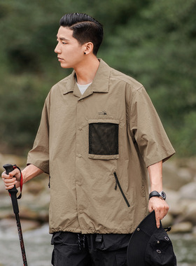 男夏季机能工装五分袖外套 户外撞色多口袋衬衫