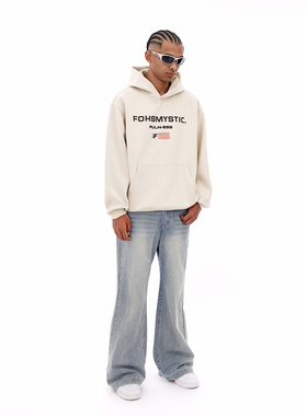 FOH 秋季新款潮牌450g重磅渐变字母连帽加绒卫衣男宽松休闲帽衫