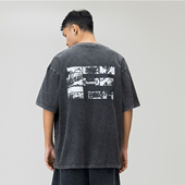 FOH 宽松情侣上衣 新款 水洗做旧字母印花圆领短袖 T恤男2025夏季